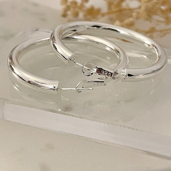 COPY - 925 Sterling Silver Hoop Earrings Large Silver Hoops Chunky Earrings - Picture 4 of 6